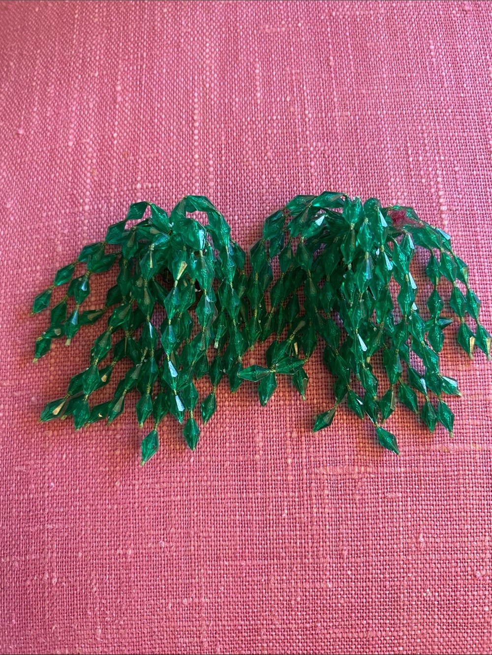 Vintage 1960s Green Lucite Beaded Fringe Clip Earrings"
